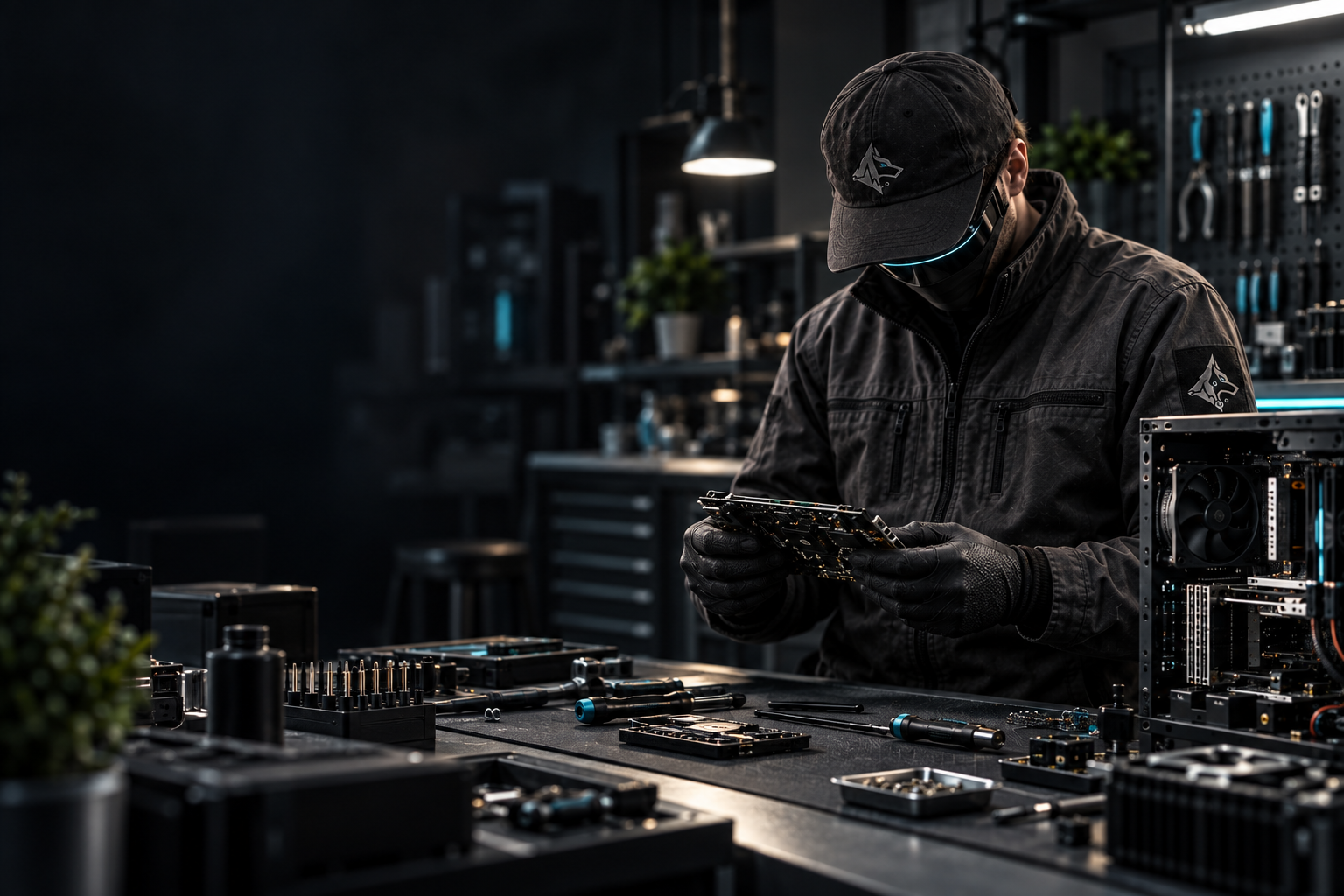 Anonymous technician examining a circuit board at a dark electronics workbench